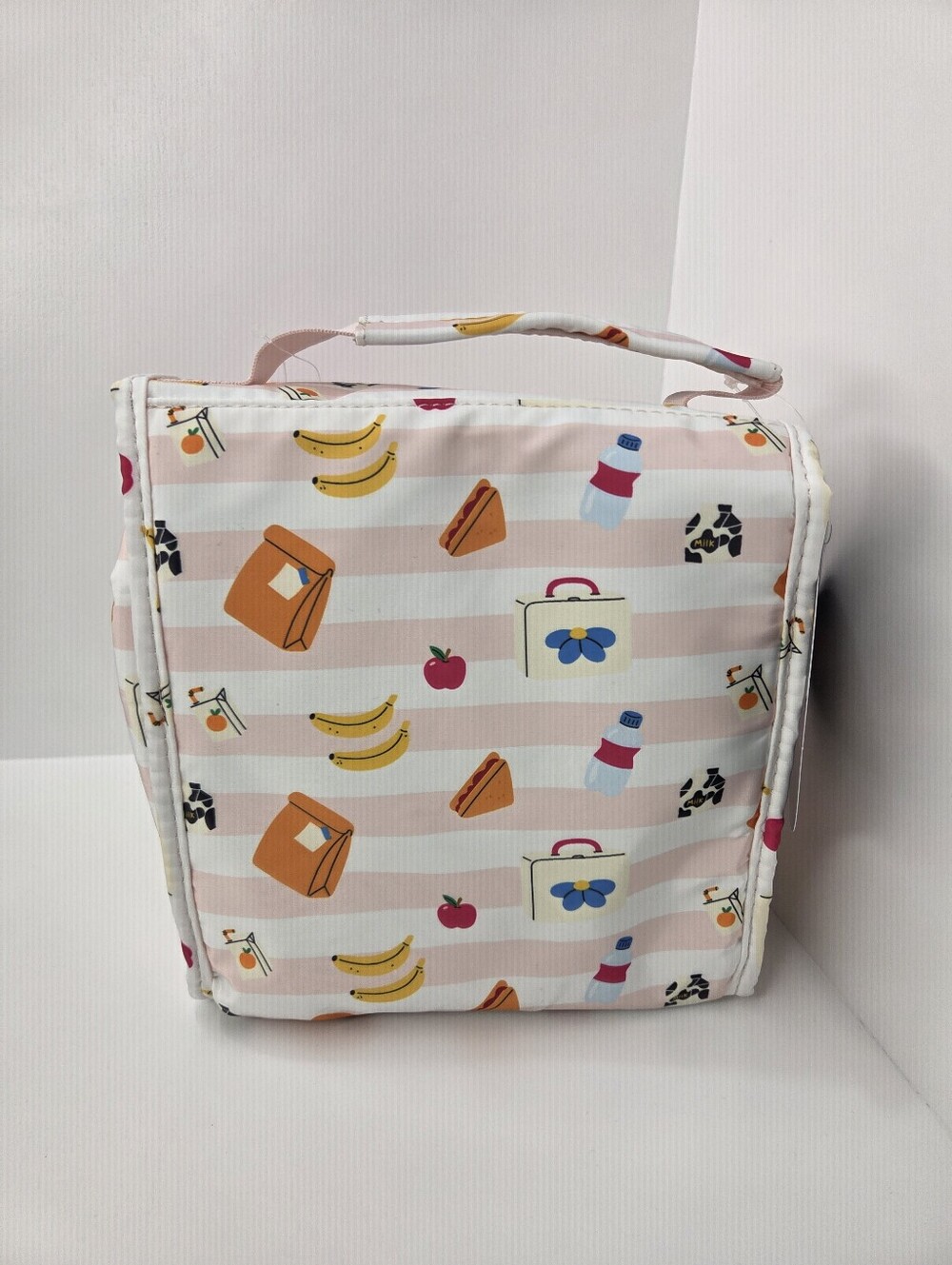 💕▪️Betsey Johnson ▪️Pink Striped Flap Top Lunch Bag with Fruit & Snack Print - Picture 3 of 6